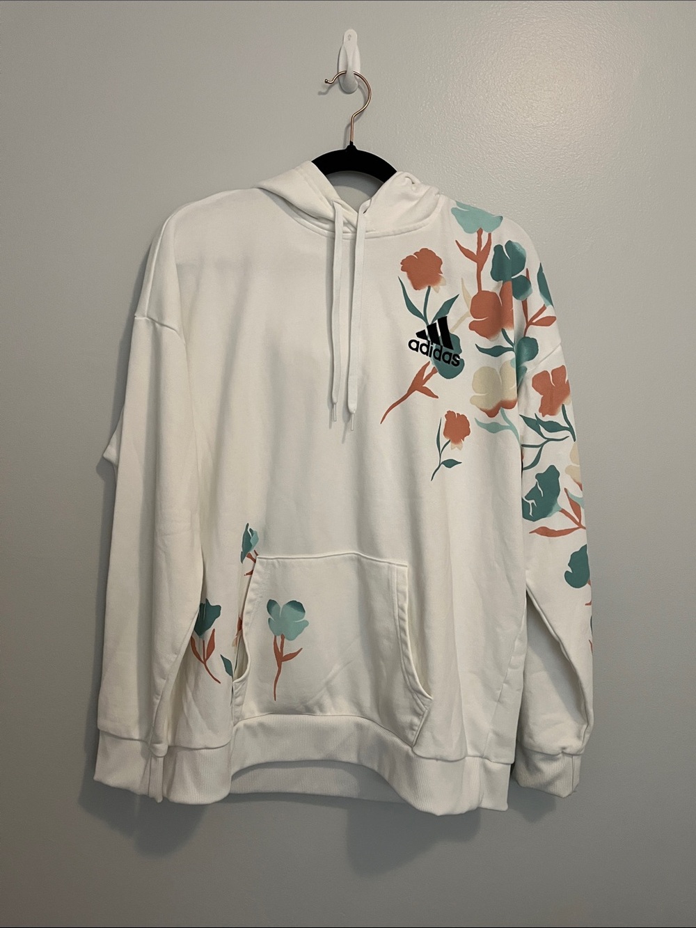 adidas White Crewneck Hoodie with Teal and Muted Orange Floral Print